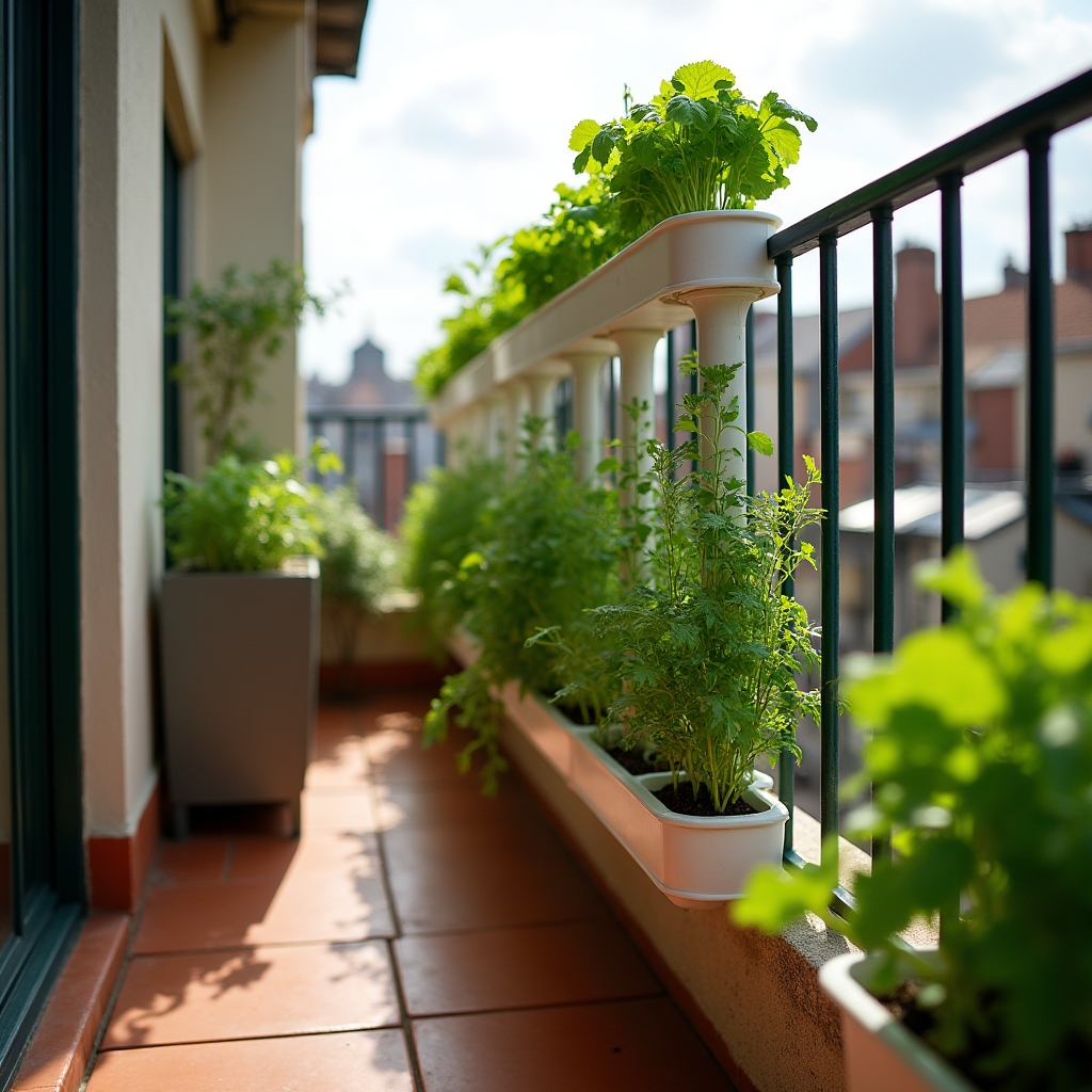 Balcón urbano con un sistema hidropónico de tubos verticales y plantas de lechuga y hierbas