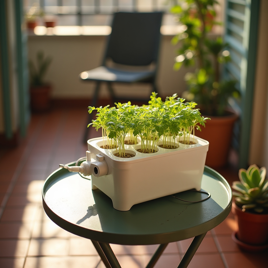 Kit hidropónico compacto instalado en un balcón pequeño con plantas jóvenes